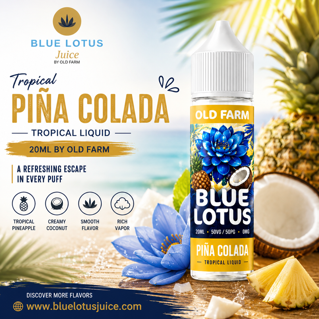 Blue Lotus Piña Colada Tropical Liquid 20ML by Old Farm – Tropical Vape Flavor Review